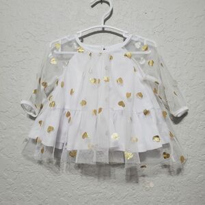 Nannette Baby Girl's Sheer White, Gold Heart Long Sleeve Dress Size 3-6 Months